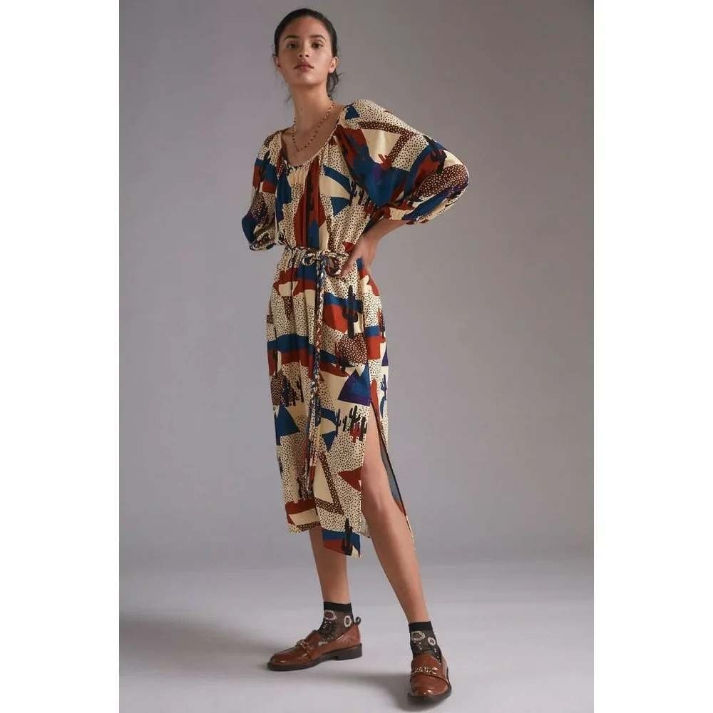 Anthropologie The Odells Geo Midi Dress‎ Cactus Print Linen Blend Pockets Size S